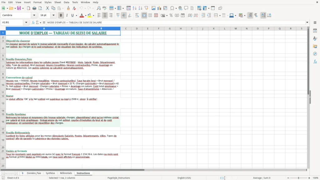 Instructions – Suivi Salaire Excel – Modèle Gratuit (2026)