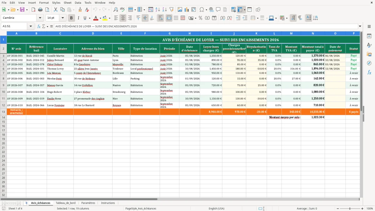Capture 1 : feuille Avis_échéances - Modèle Excel avis echeance loyer excel