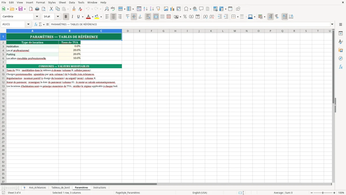 Capture 3 : feuille Paramètres - Modèle Excel avis echeance loyer excel