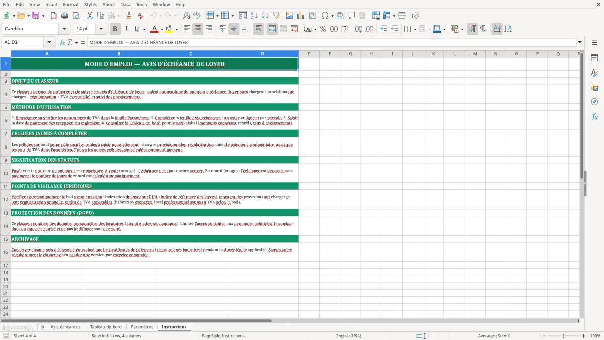 Capture 4 : feuille Instructions - Modèle Excel avis echeance loyer excel