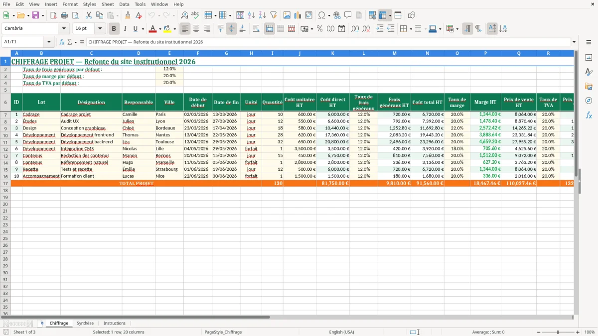 Capture 1 : feuille Chiffrage - Modèle Excel chiffrage projet excel
