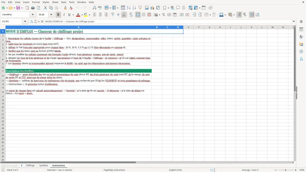 Instructions – Modèle Excel de chiffrage projet