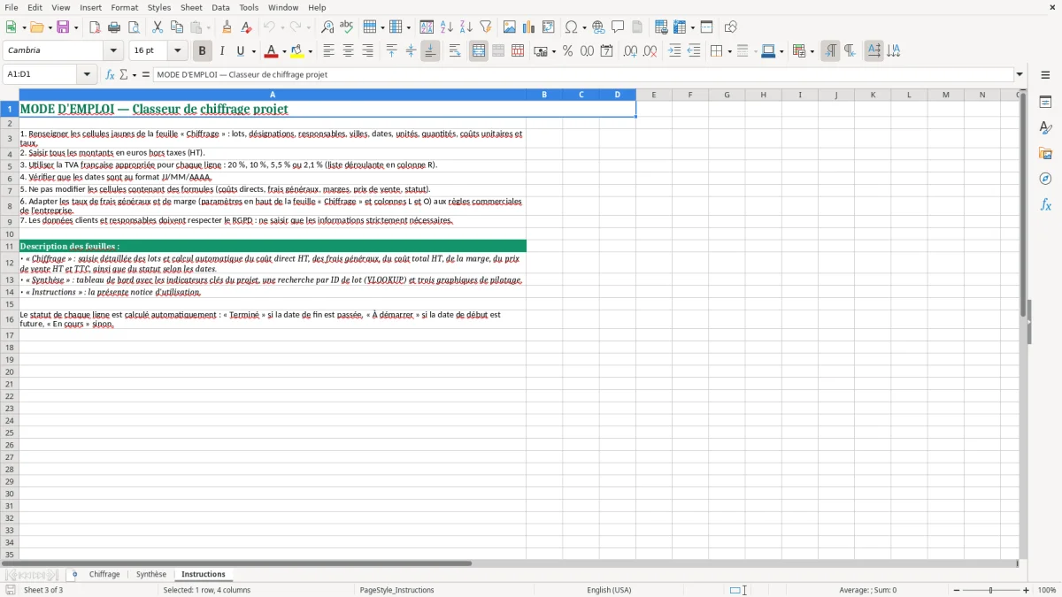 Capture 3 : feuille Instructions - Modèle Excel chiffrage projet excel