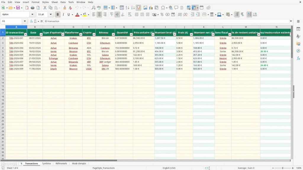 Transactions – Suivi crypto Excel – Modèle Gratuit (2026)