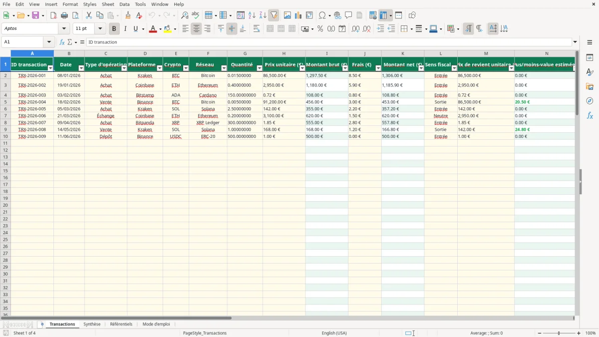 Capture 1 : feuille Transactions - Modèle Excel fichier suivi crypto excel
