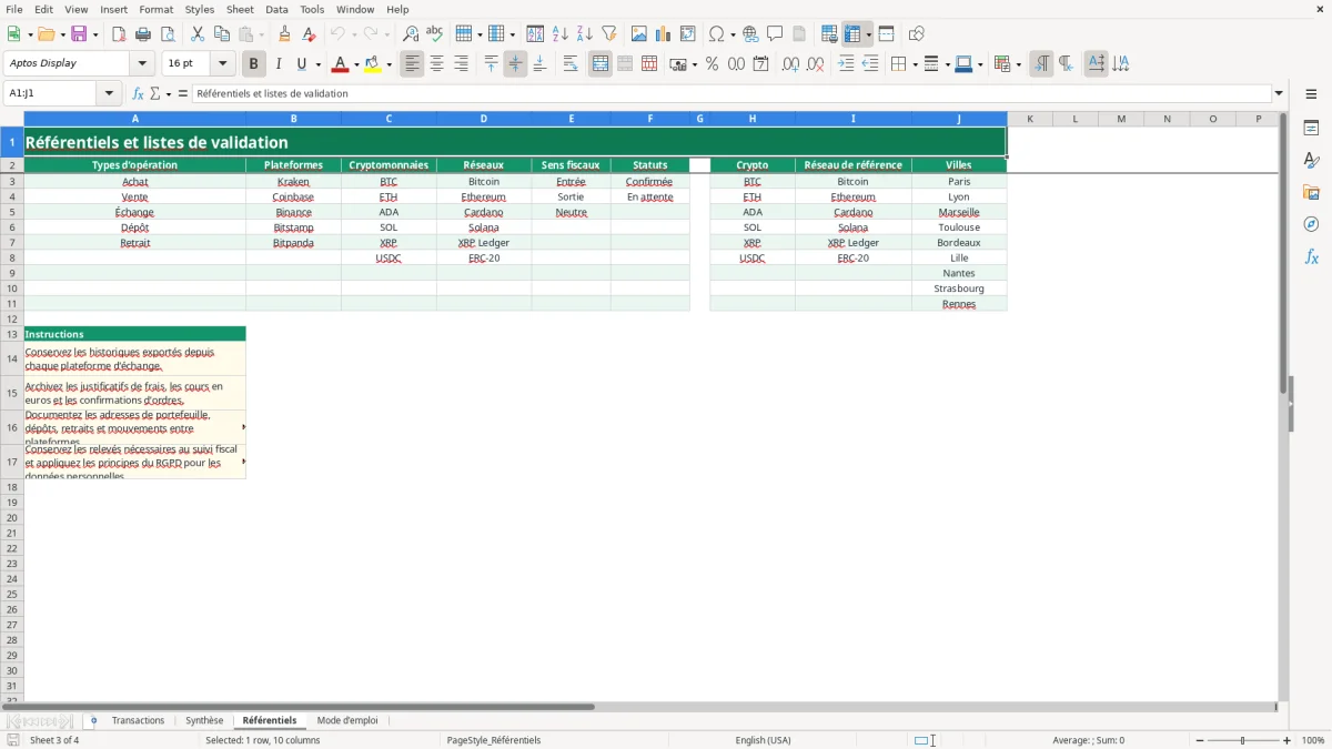 Capture 3 : feuille Référentiels - Modèle Excel fichier suivi crypto excel