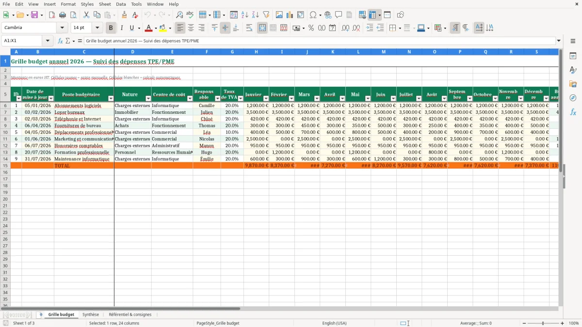 Capture 1 : feuille Grille budget - Modèle Excel grille budget excel