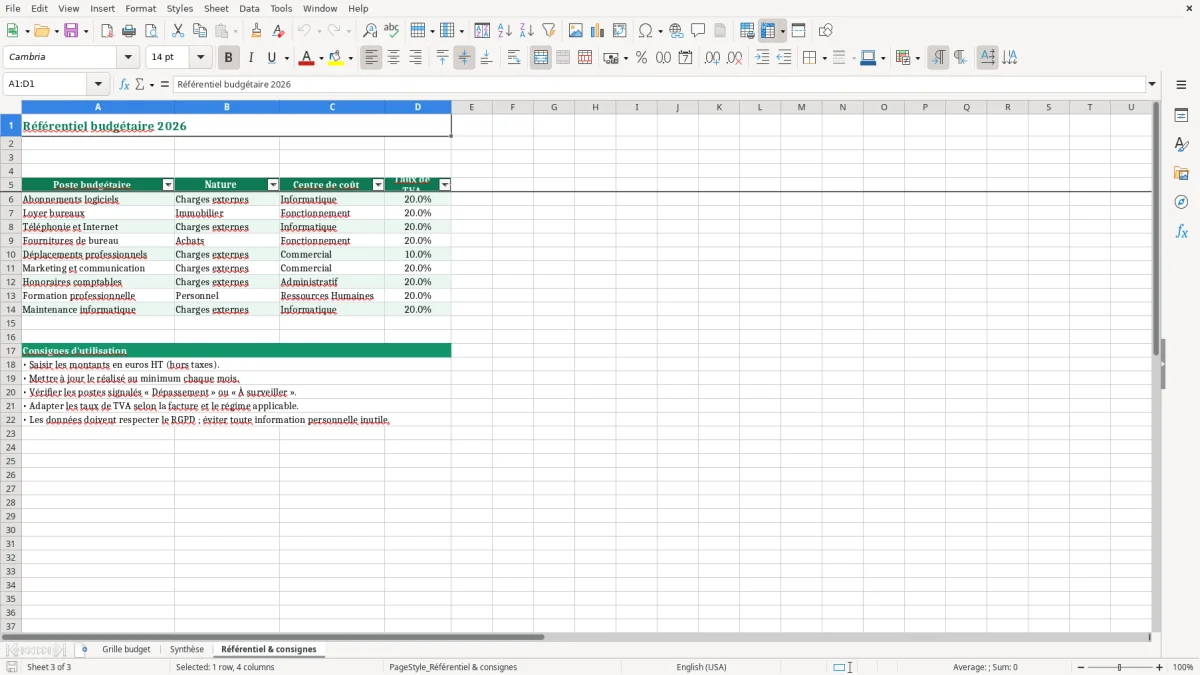 Capture 3 : feuille Référentiel & consignes - Modèle Excel grille budget excel