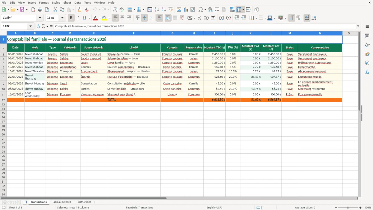 Capture 1 : feuille Transactions - Modèle Excel logiciel comptabilite familiale excel