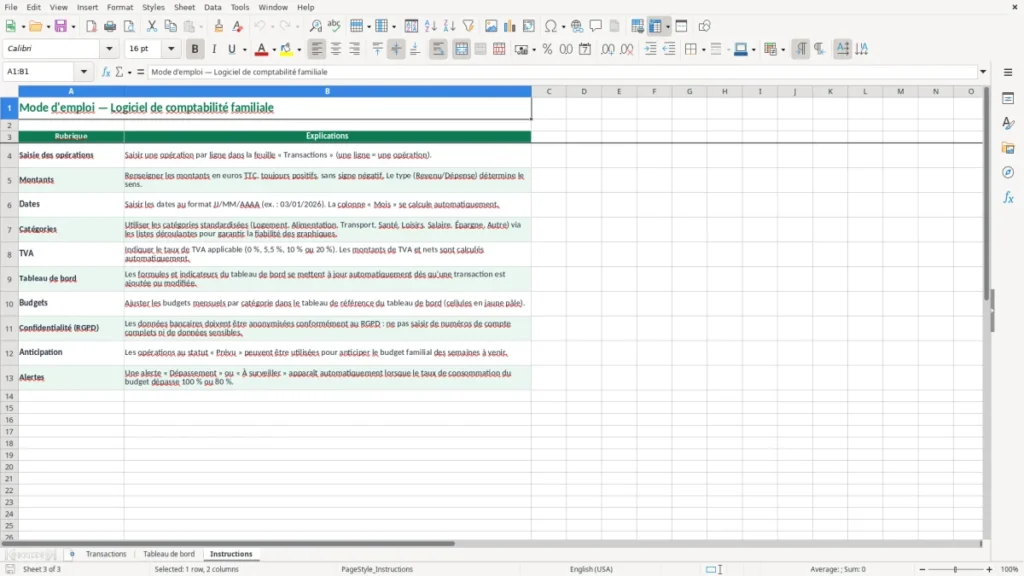 Instructions – Comptabilité familiale Excel : modèle de budget