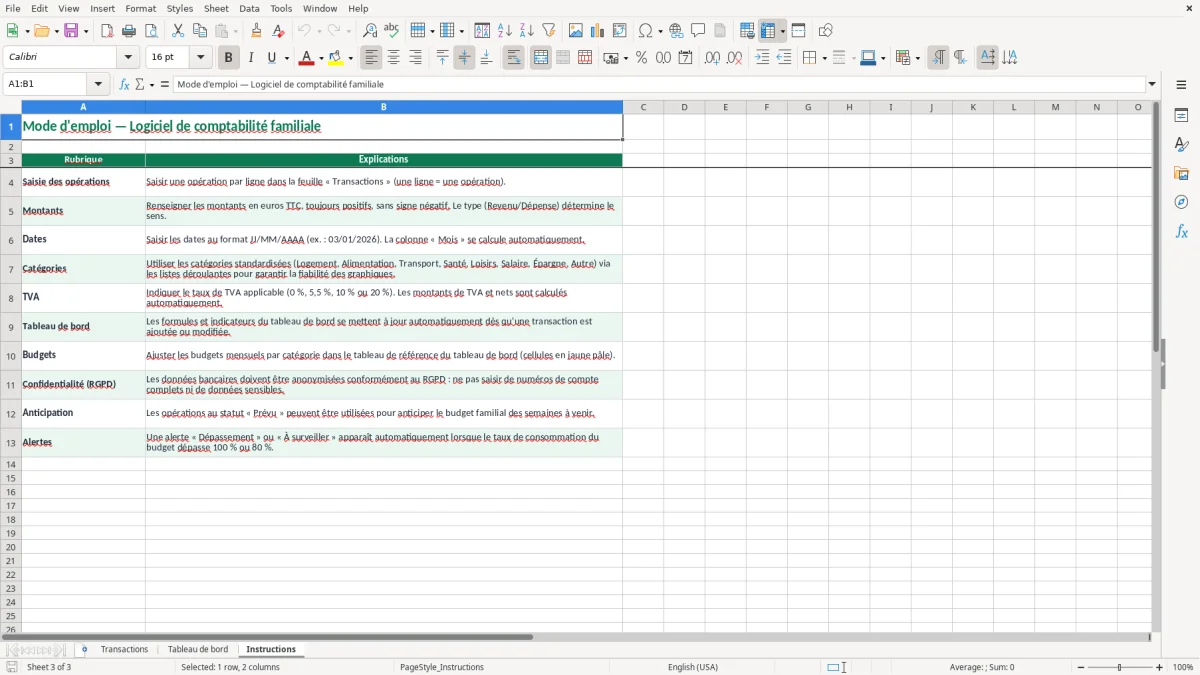 Capture 3 : feuille Instructions - Modèle Excel logiciel comptabilite familiale excel