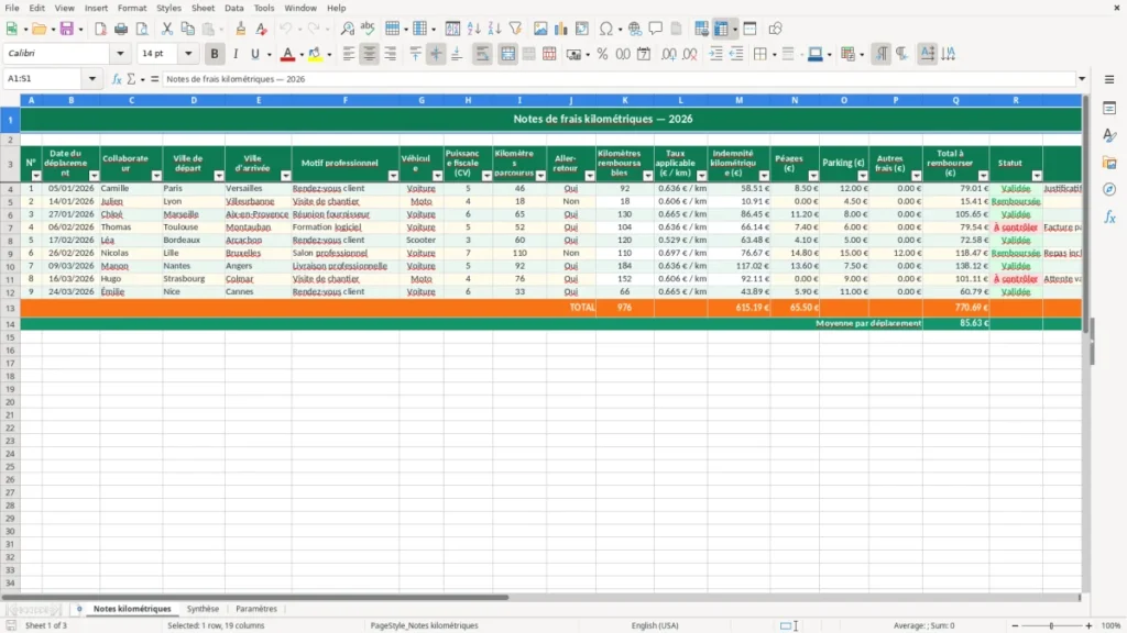 Notes kilométriques – Modèle Excel de note de frais kilométrique