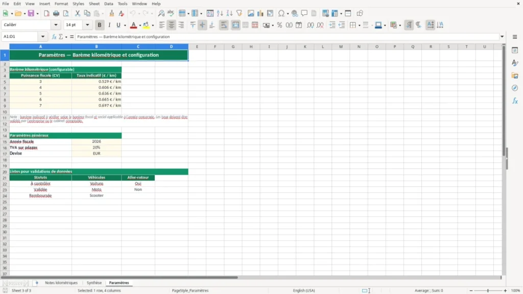 Paramètres – Modèle Excel de note de frais kilométrique