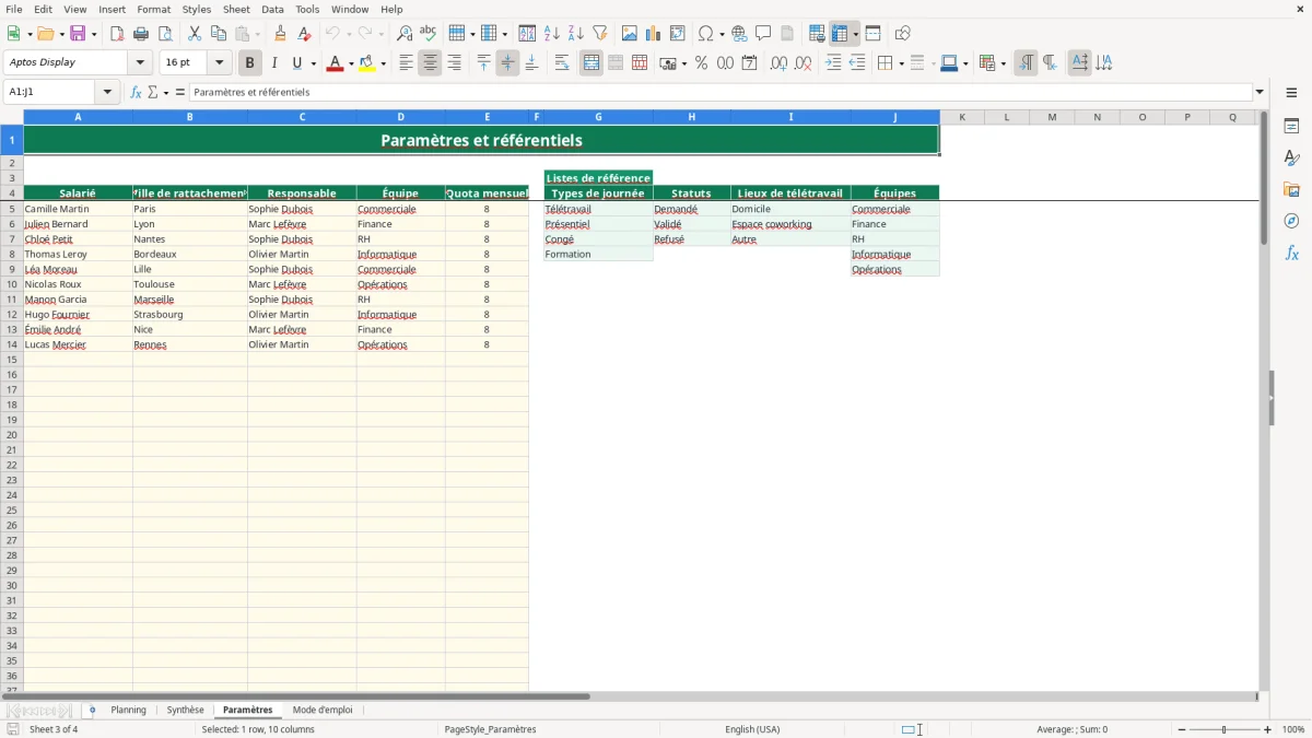 Capture 3 : feuille Paramètres - Modèle Excel planning teletravail excel