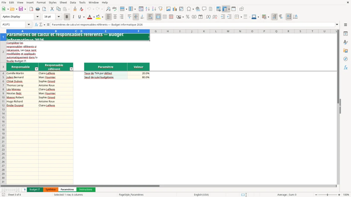 Capture 3 : feuille Paramètres - Modèle Excel budget informatique excel