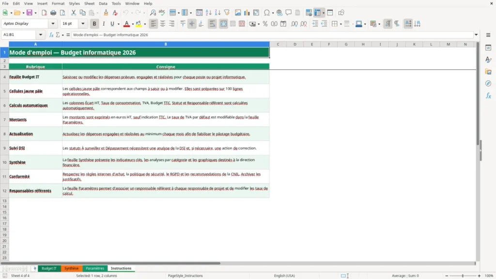 Instructions – Budget informatique Excel – Modèle Gratuit (2026)