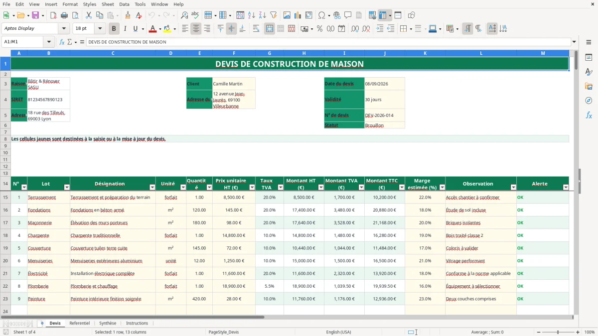 Capture 1 : feuille Devis - Modèle Excel devis construction maison excel