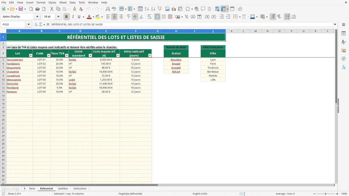 Capture 2 : feuille Referentiel - Modèle Excel devis construction maison excel
