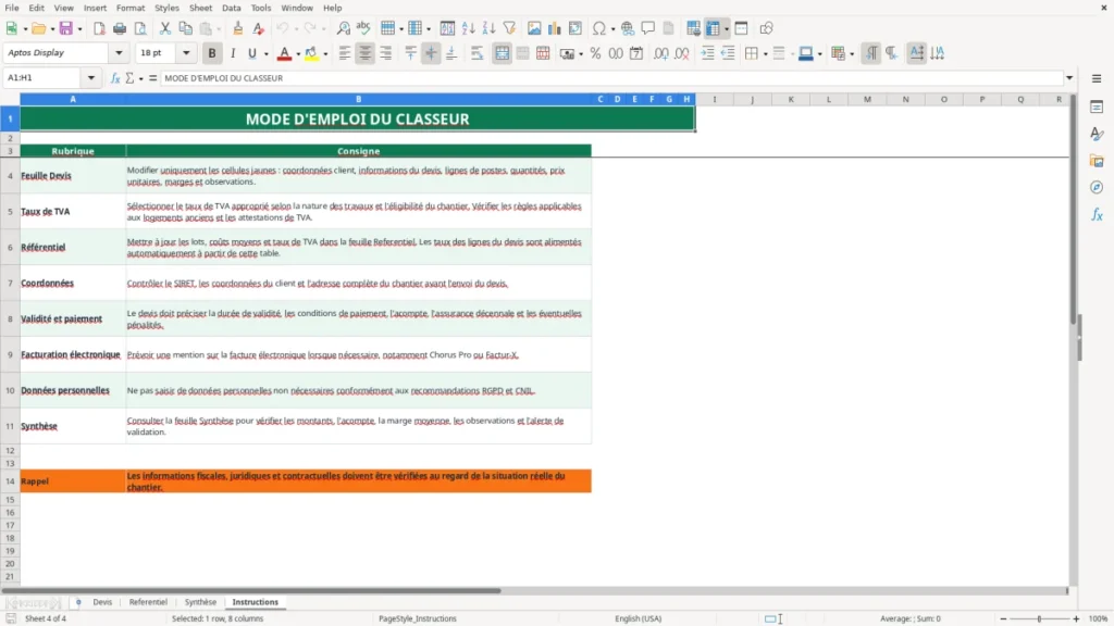 Instructions – Devis construction maison Excel – Modèle Gratuit (2026)