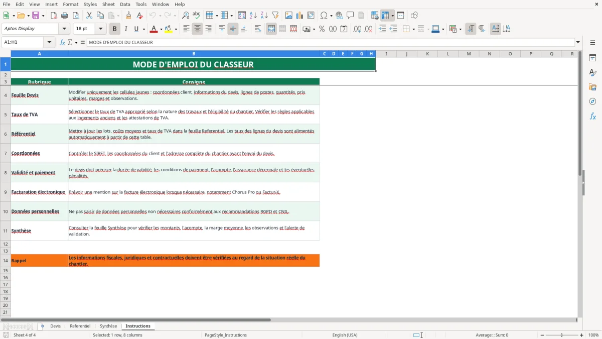 Capture 4 : feuille Instructions - Modèle Excel devis construction maison excel