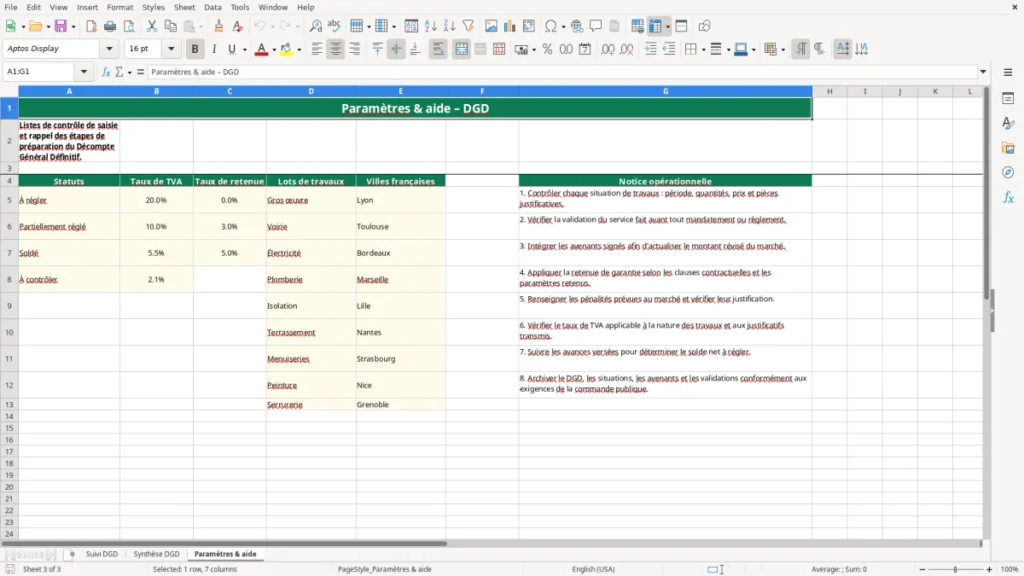 Paramètres & aide – DGD Excel – Modèle Gratuit (2026)