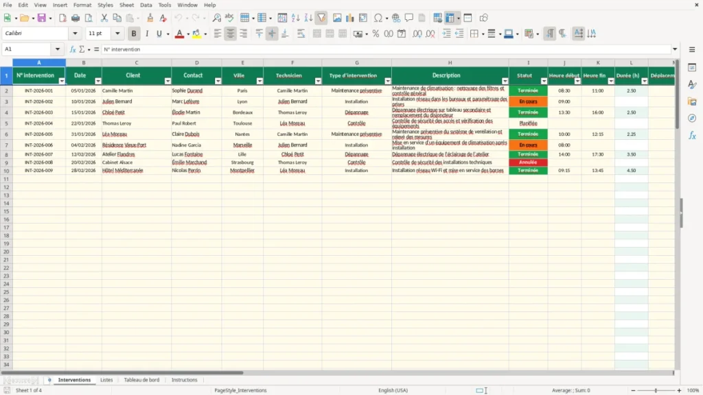 Interventions – Fiche intervention Excel – Modèle Gratuit (2026)