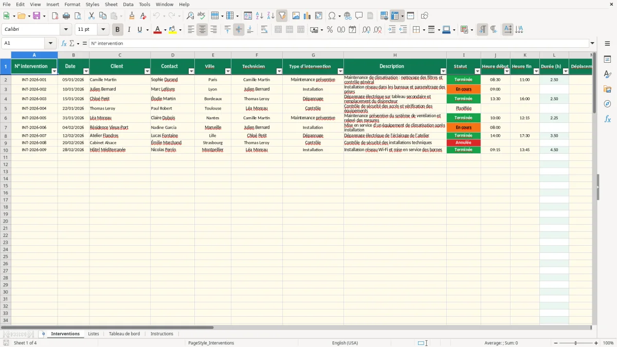 Capture 1 : feuille Interventions - Modèle Excel fiche intervention excel
