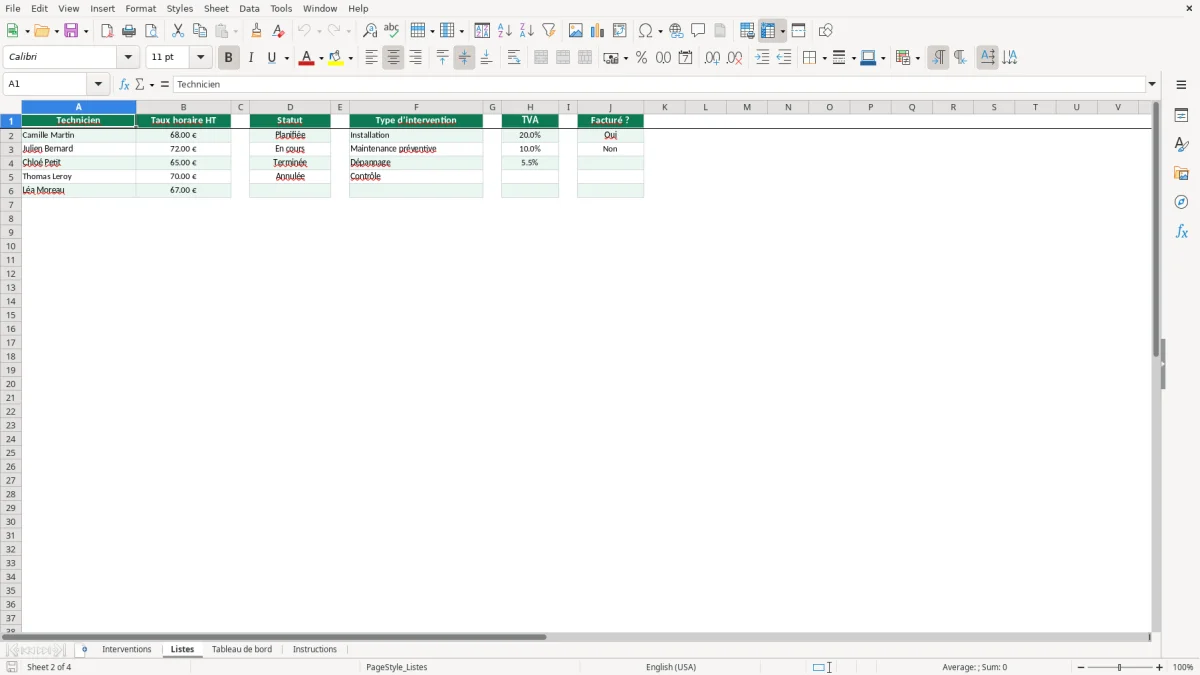 Capture 2 : feuille Listes - Modèle Excel fiche intervention excel