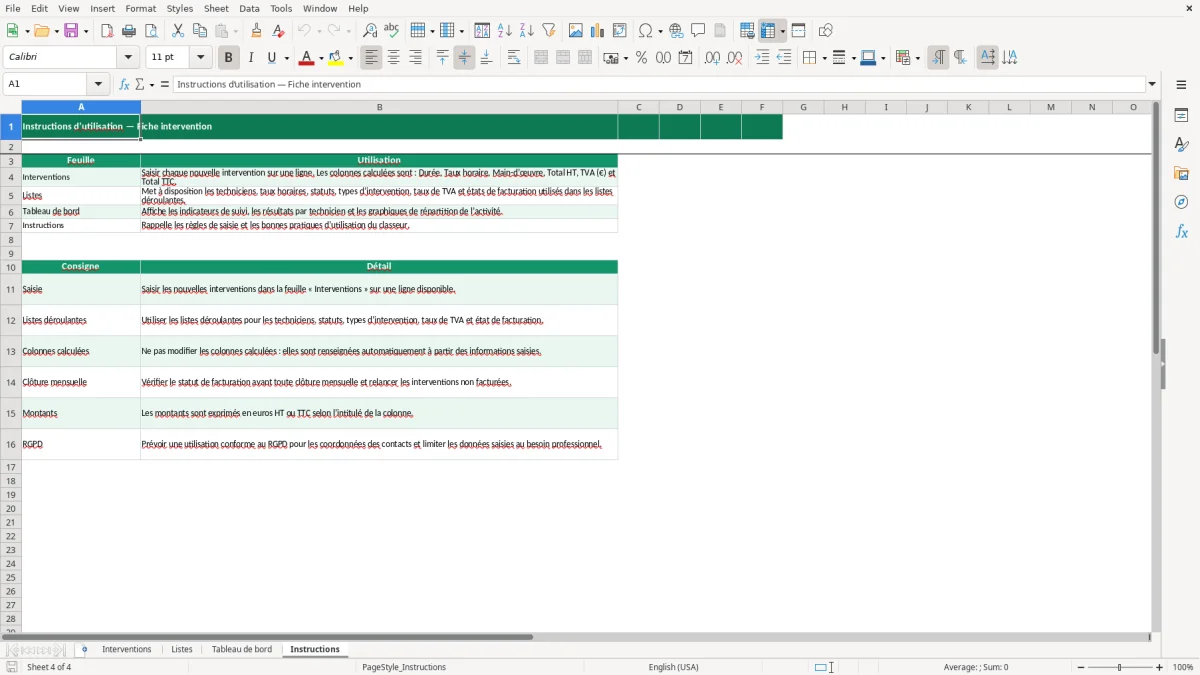 Capture 4 : feuille Instructions - Modèle Excel fiche intervention excel