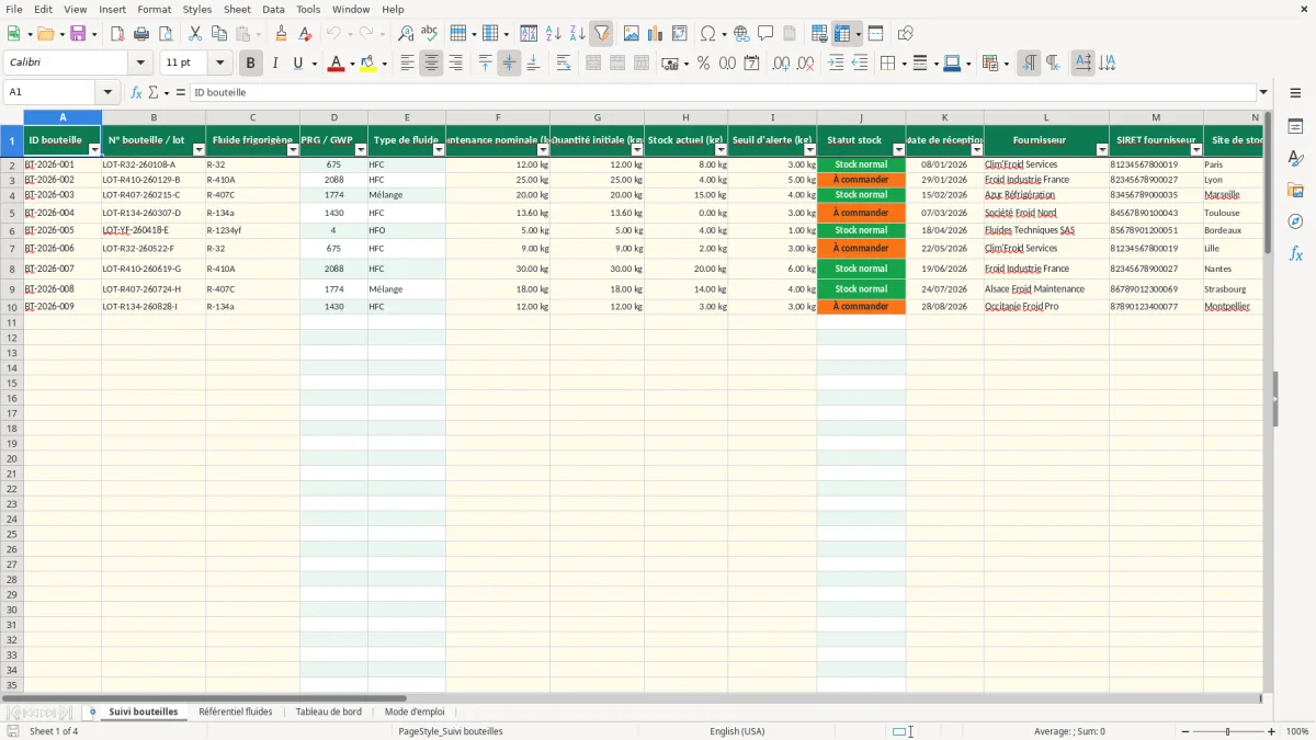 Capture 1 : feuille Suivi bouteilles - Modèle Excel fichier fiche suivi bouteille fluide frigorigene excel