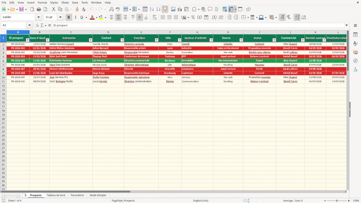 Capture 1 : feuille Prospects - Modèle Excel fichier prospection excel