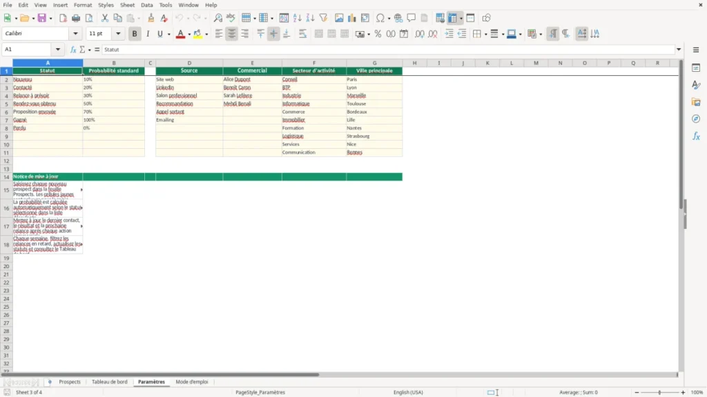 Paramètres – Prospection Excel – Modèle Gratuit (2026)
