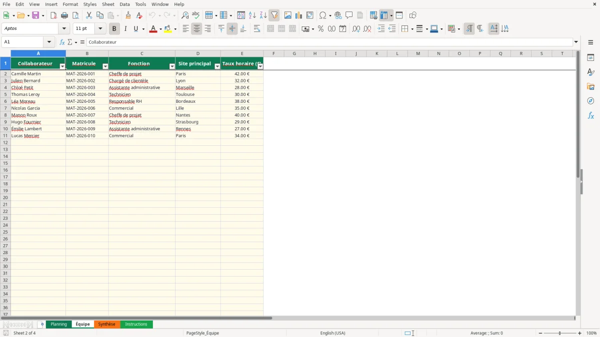 Capture 2 : feuille Équipe - Modèle Excel generer planning avec excel