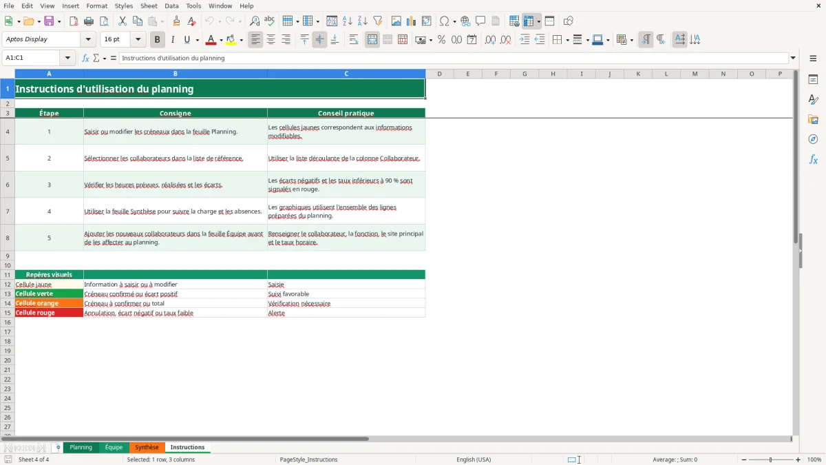 Capture 4 : feuille Instructions - Modèle Excel generer planning avec excel
