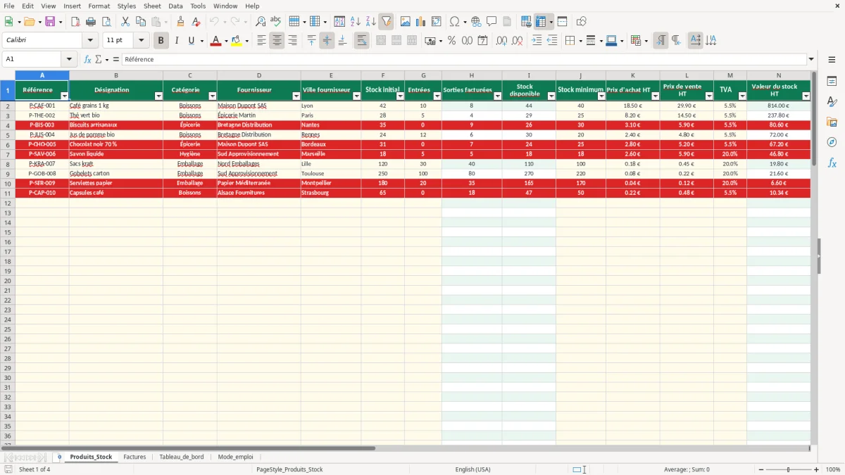 Capture 1 : feuille Produits_Stock - Modèle Excel gestion stock facturation excel