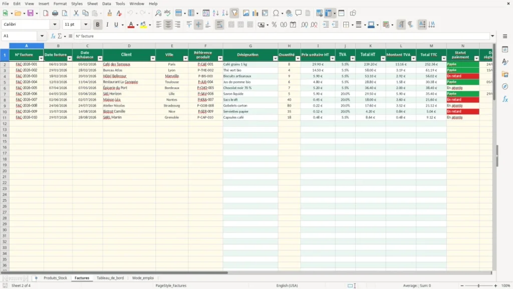 Factures – Gestion de stock et facturation Excel – Modèle Gratuit (2026)