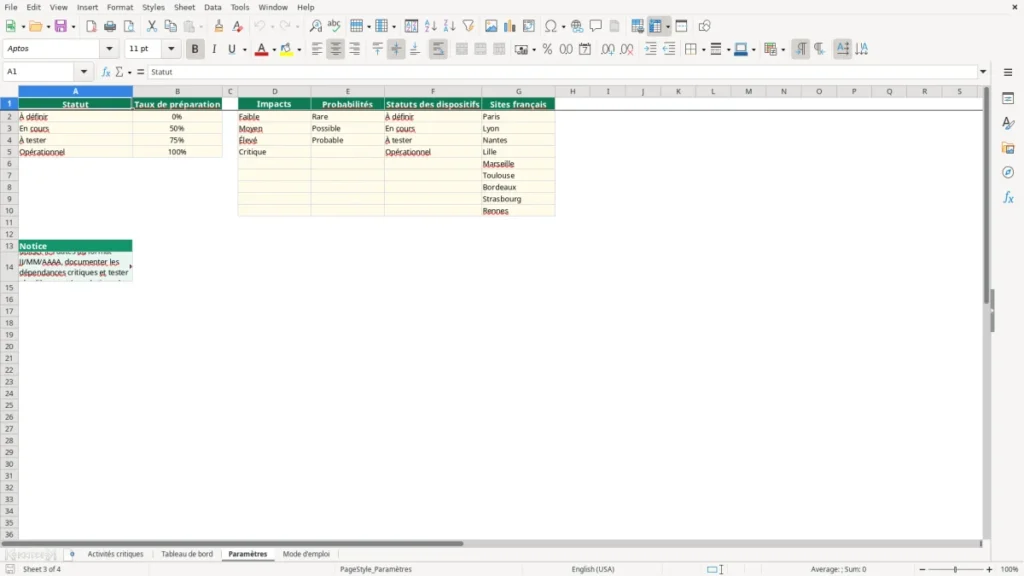 Paramètres – Plan de continuité Excel – Modèle Gratuit (2026)