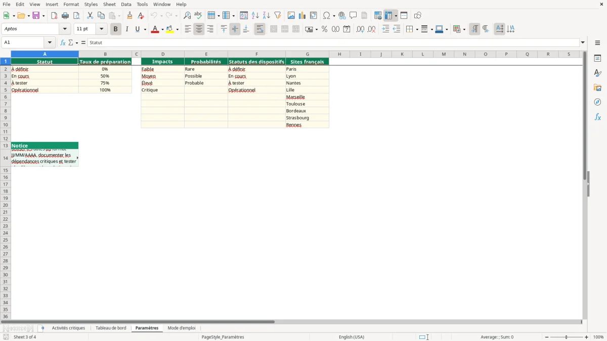 Capture 3 : feuille Paramètres - Modèle Excel plan continuite activite exemple excel