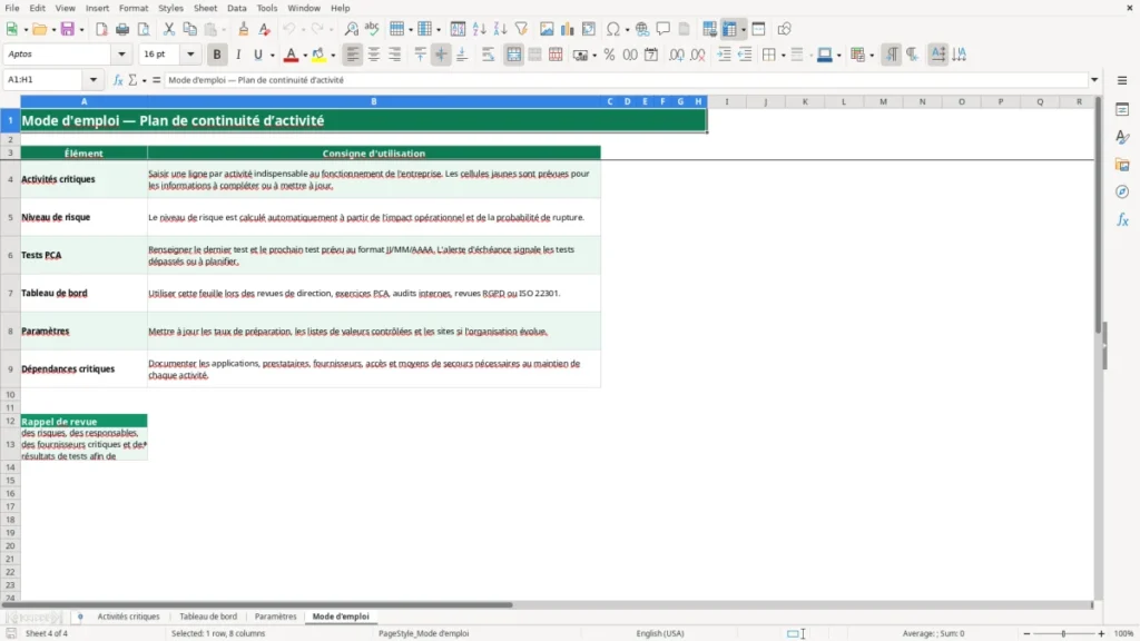 Mode d'emploi – Plan de continuité Excel – Modèle Gratuit (2026)