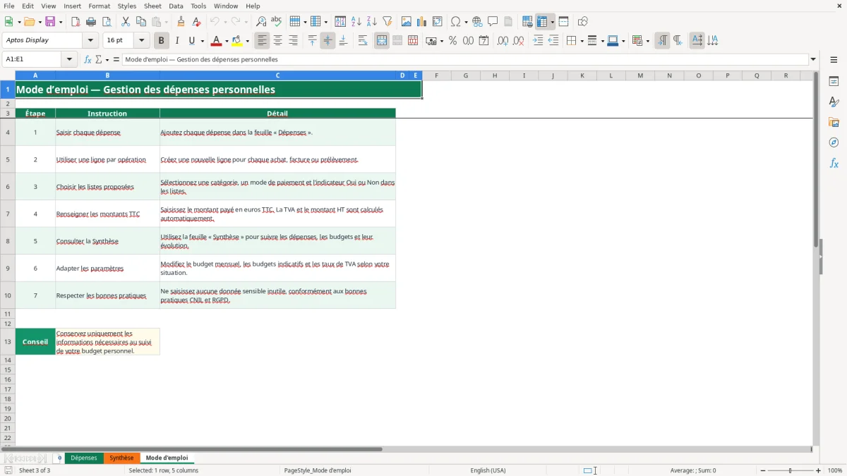 Capture 3 : feuille Mode d'emploi - Modèle Excel planilha gastos pessoais gratis excel