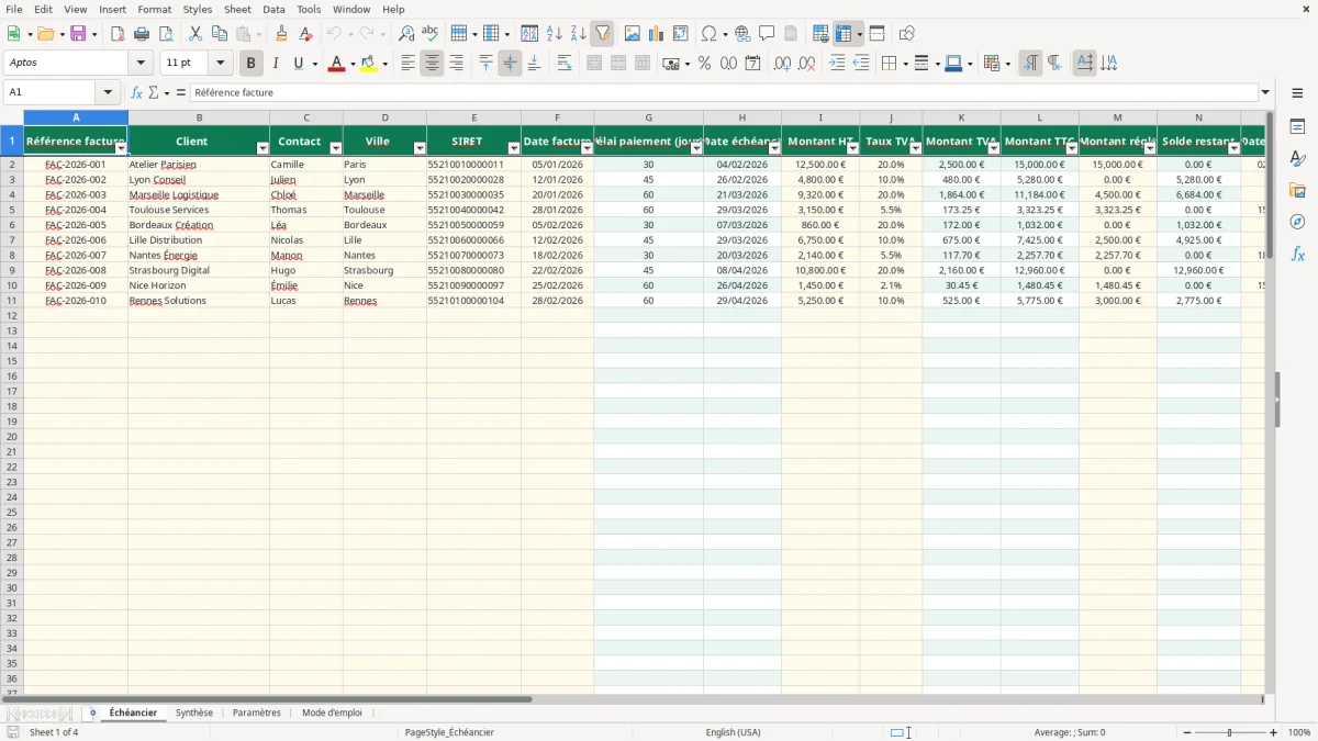 Capture 1 : feuille Échéancier - Modèle Excel tableau echeancier paiement excel