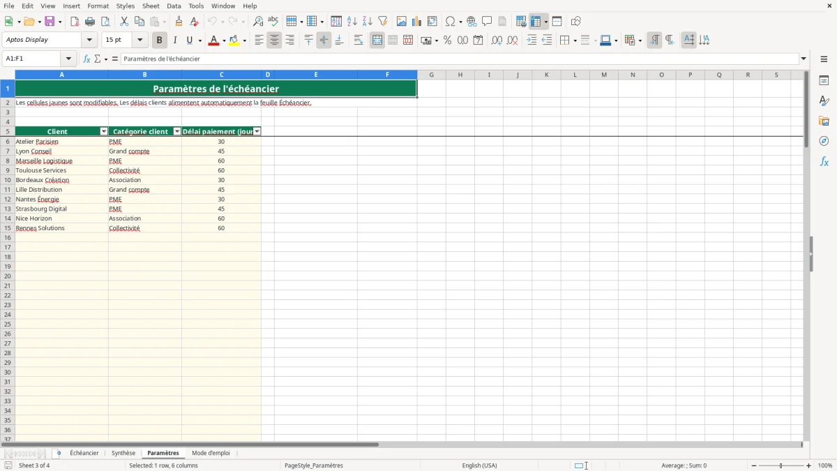 Capture 3 : feuille Paramètres - Modèle Excel tableau echeancier paiement excel