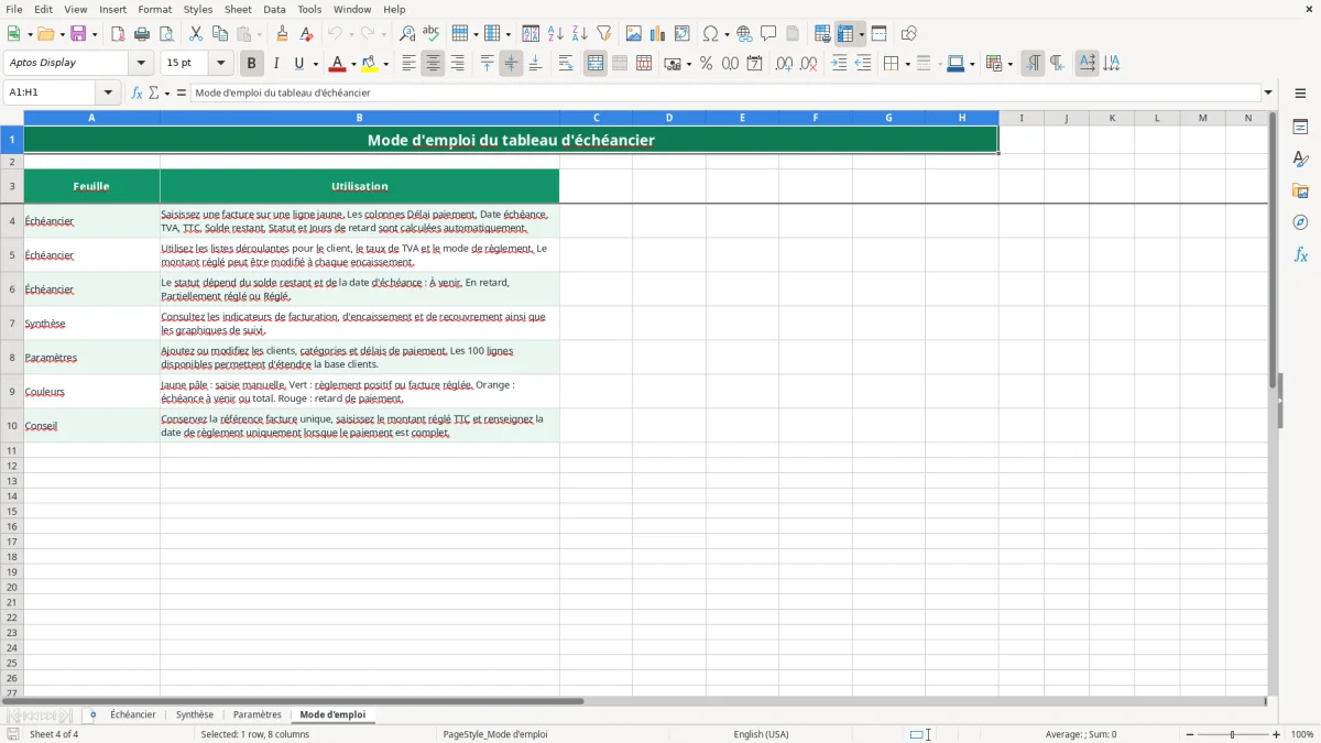 Capture 4 : feuille Mode d'emploi - Modèle Excel tableau echeancier paiement excel