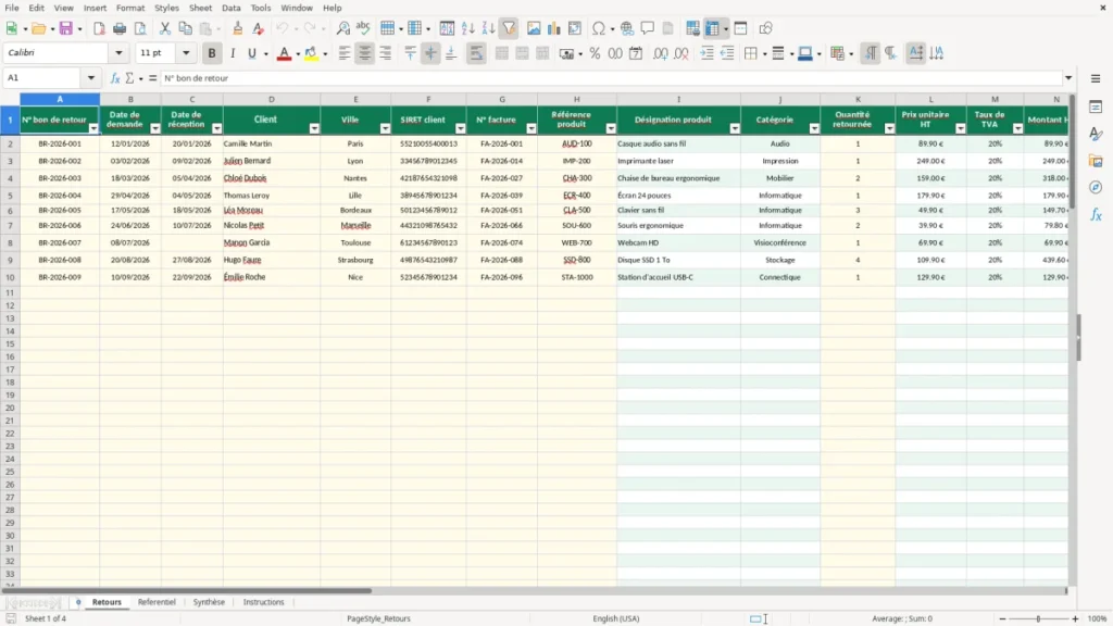 Retours – Bon retour marchandise Excel – Modèle Gratuit (2026)