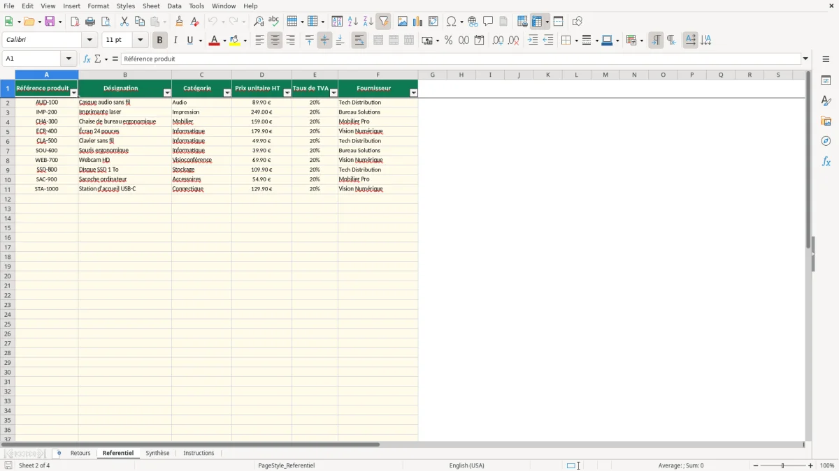 Capture 2 : feuille Referentiel - Modèle Excel bon retour marchandise excel