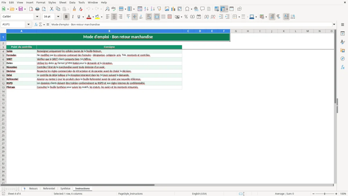 Capture 4 : feuille Instructions - Modèle Excel bon retour marchandise excel