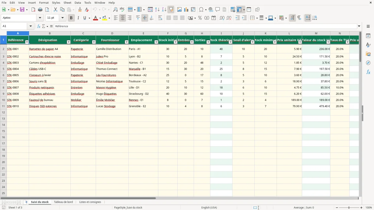 Capture 1 : feuille Suivi du stock - Modèle Excel fiche stock vierge excel