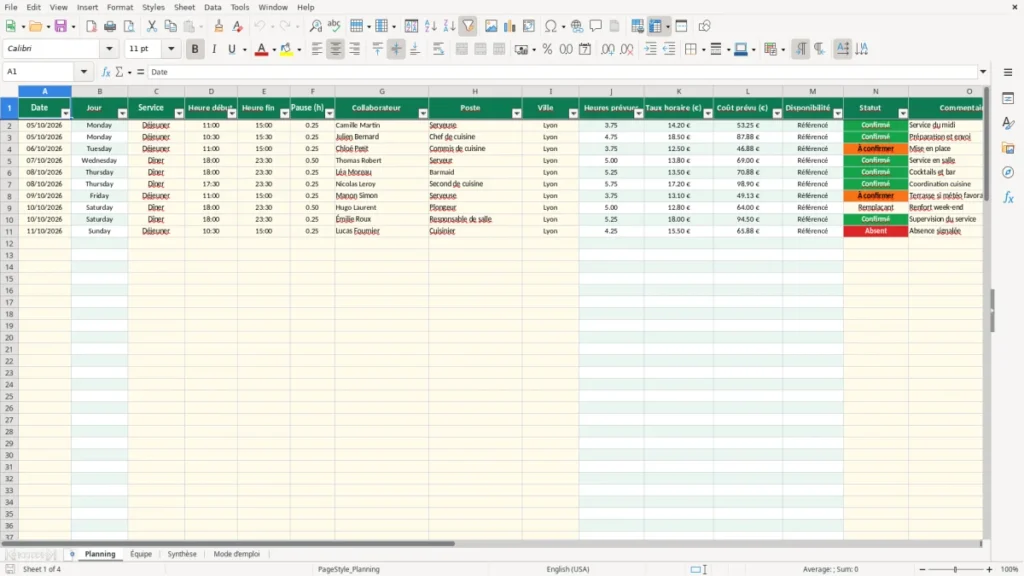 Planning – Planning restauration Excel – Modèle Gratuit (2026)