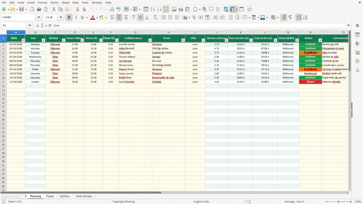 Capture 1 : feuille Planning - Modèle Excel planning restauration excel