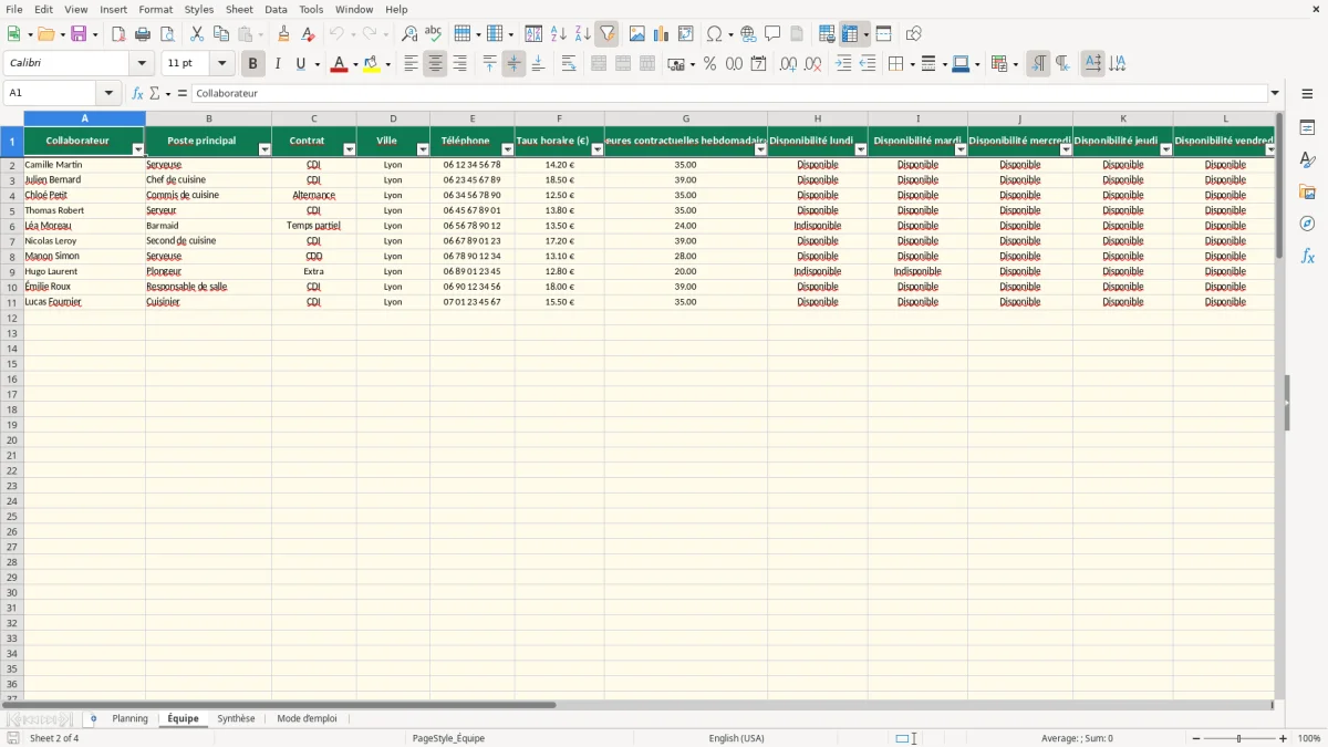 Capture 2 : feuille Équipe - Modèle Excel planning restauration excel
